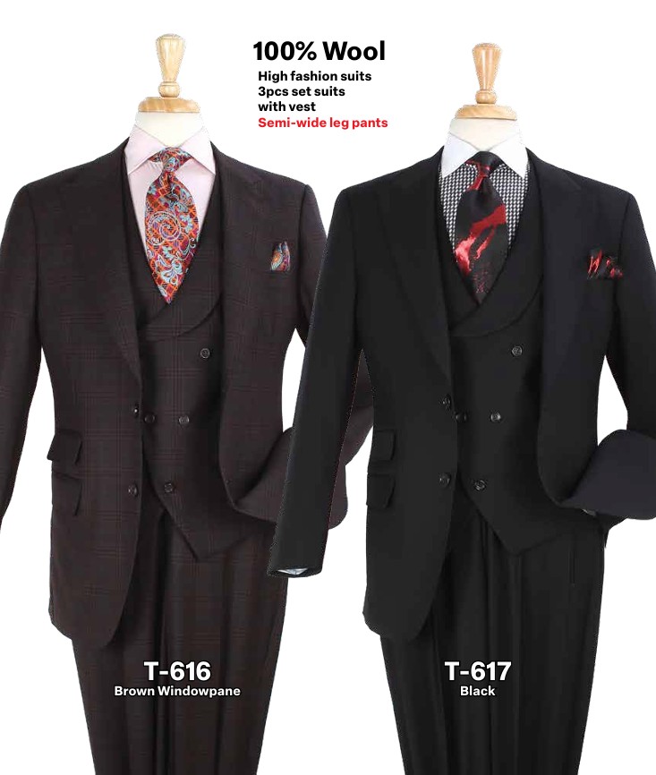Apollo Collection T-615, 100% Wool High Fashion, 3 PCS Suits with vest, Semi-wide leg Pants